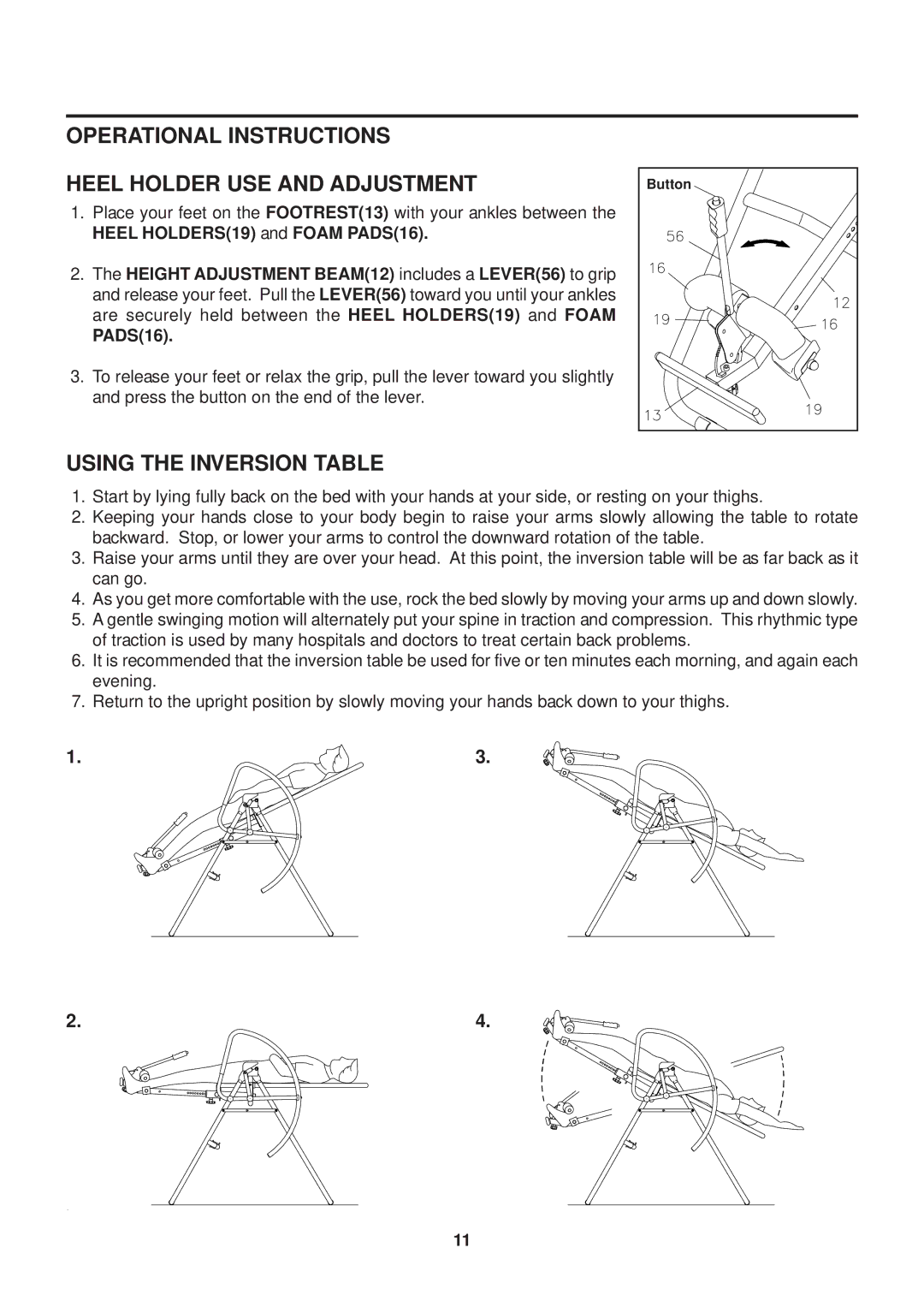 Stamina Products 55-1539 owner manual Operational Instructions Heel Holder USE and Adjustment, Using the Inversion Table 