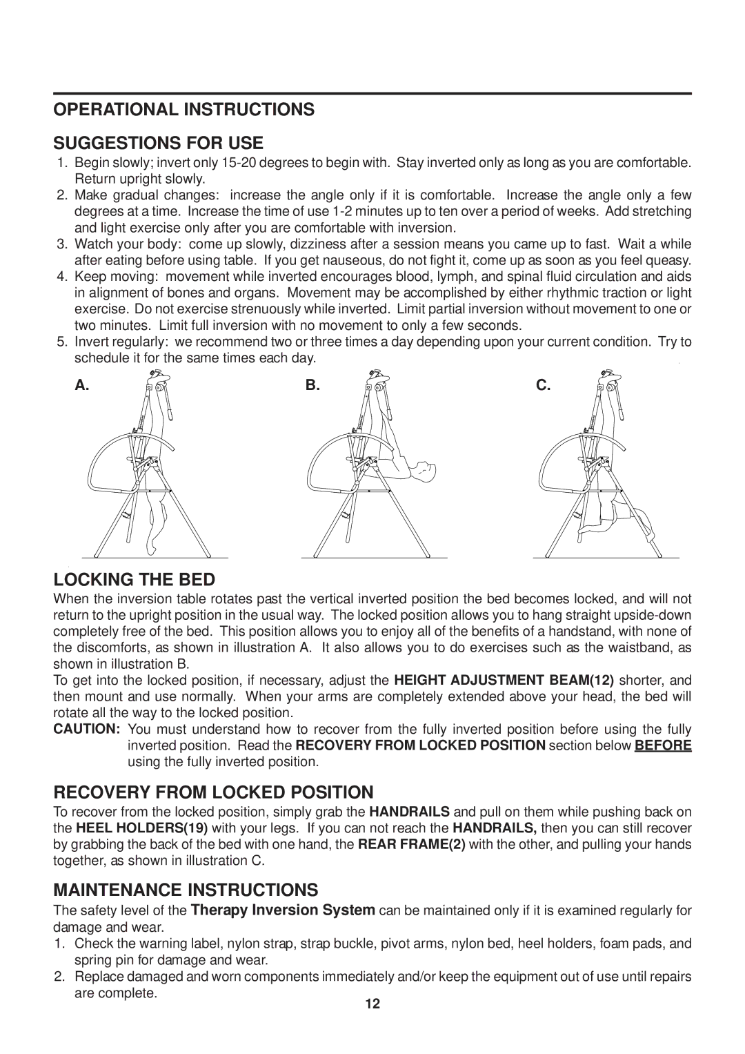 Stamina Products 55-1539 Operational Instructions Suggestions for USE, Locking the BED, Recovery from Locked Position 