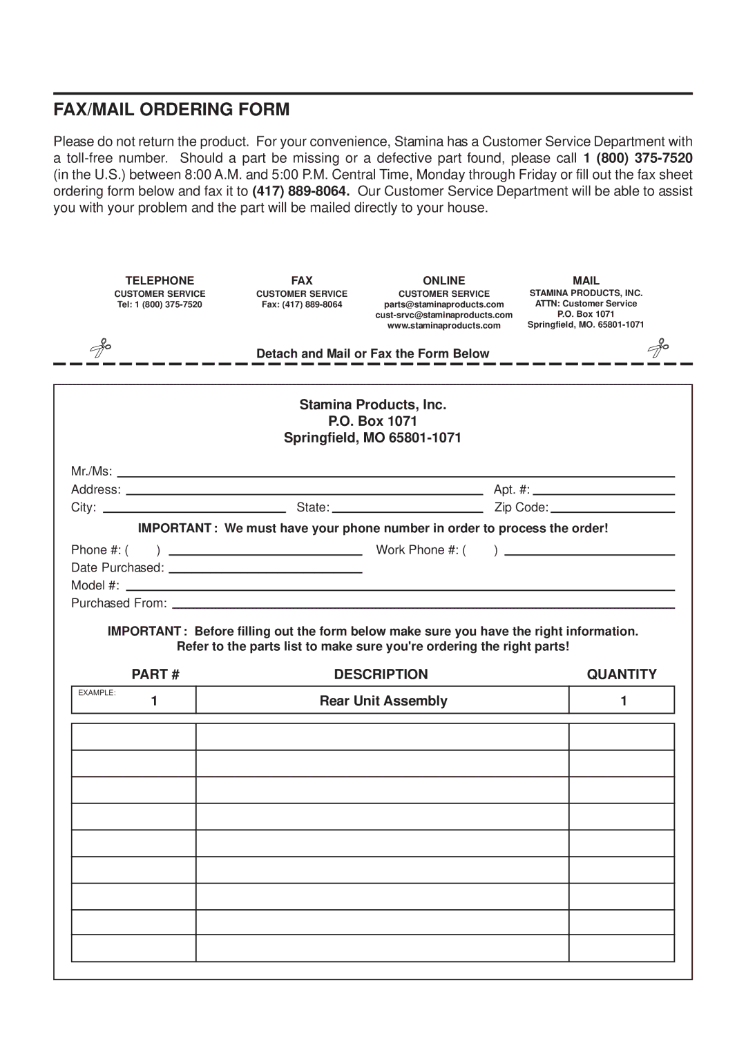 Stamina Products 55-1539 owner manual FAX/MAIL Ordering Form, Telephone FAX Online Mail 