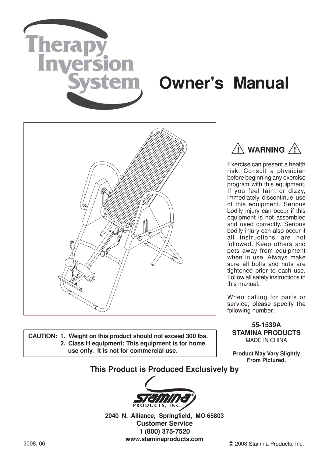 Stamina Products 55-1539A owner manual 2040 N. Alliance, Springfield, MO 