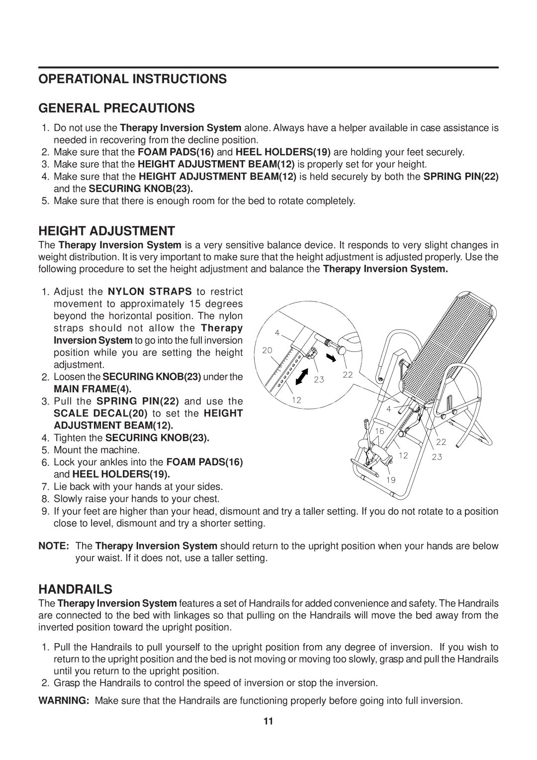 Stamina Products 55-1539A owner manual Operational Instructions General Precautions, Height Adjustment, Handrails 