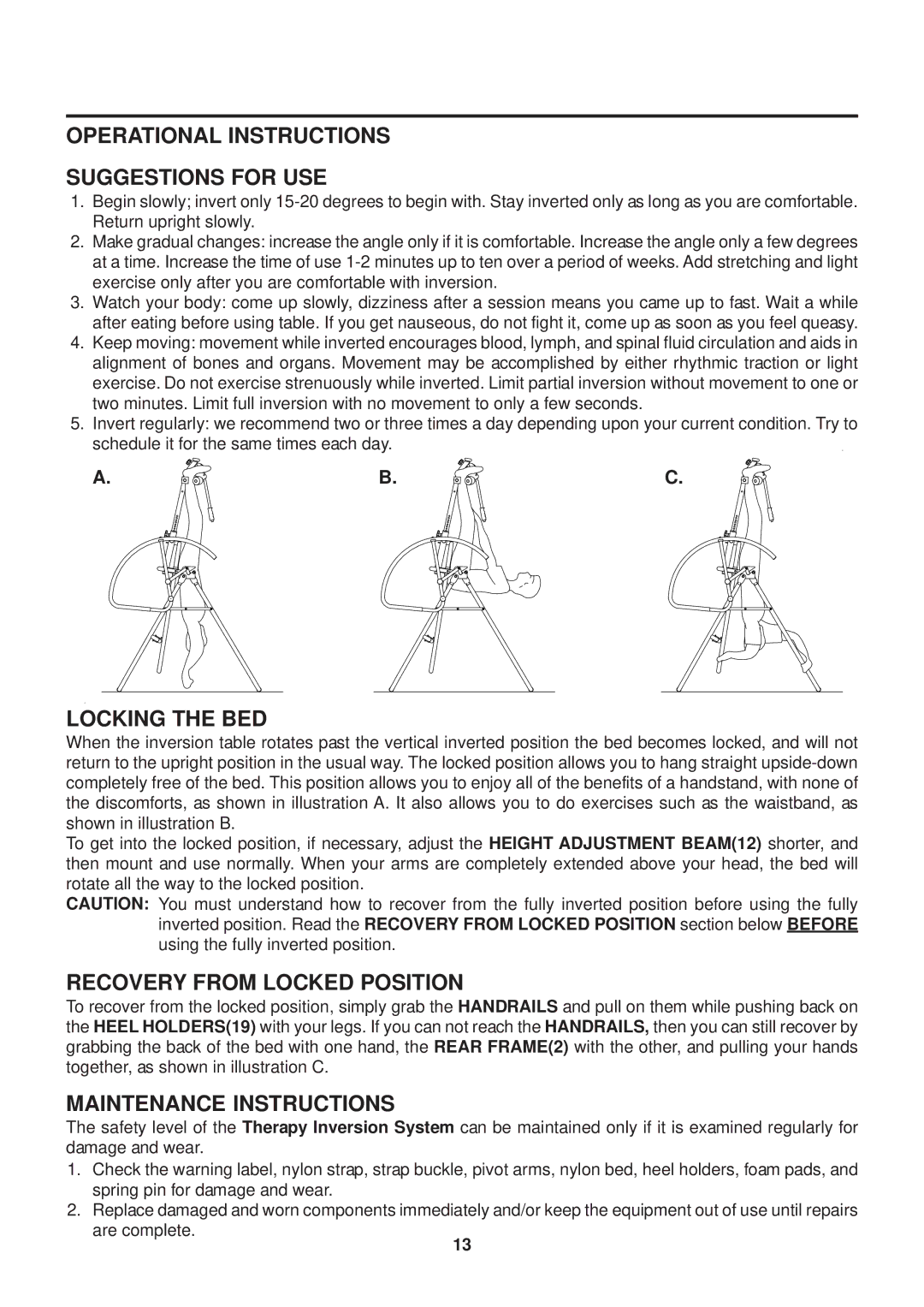 Stamina Products 55-1539A Operational Instructions Suggestions for USE, Locking the BED, Recovery from Locked Position 