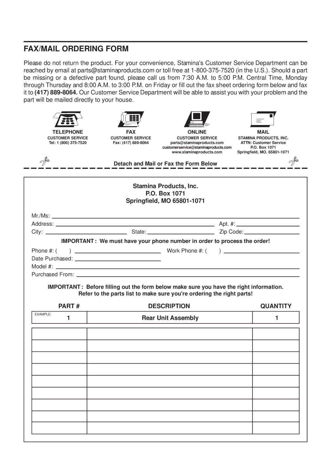 Stamina Products 55-1539A FAX/MAIL Ordering Form, Stamina Products, Inc Box Springfield, MO, Rear Unit Assembly 