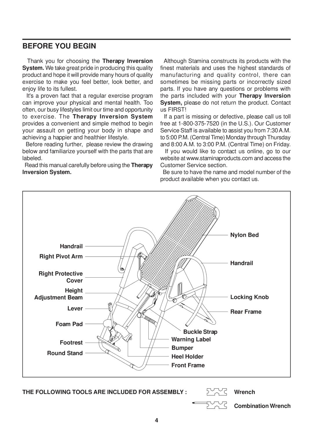 Stamina Products 55-1539A owner manual Before YOU Begin, Inversion System, Nylon Bed, Wrench Combination Wrench 