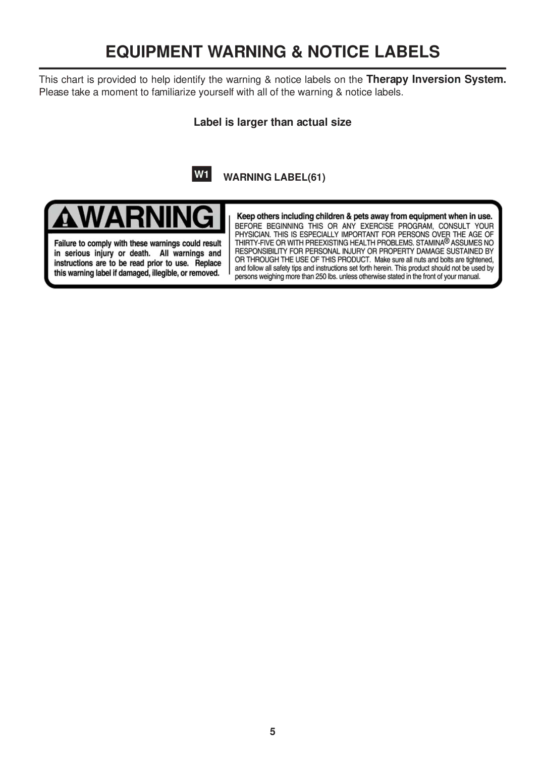 Stamina Products 55-1539A owner manual Equipment Warning & Notice Labels 