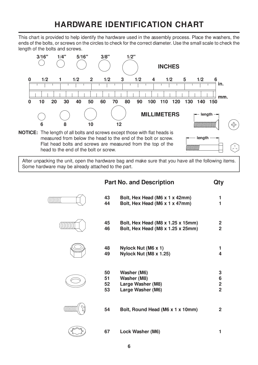 Stamina Products 55-1539A owner manual Hardware Identification Chart, 100 110 120 130 140 150 