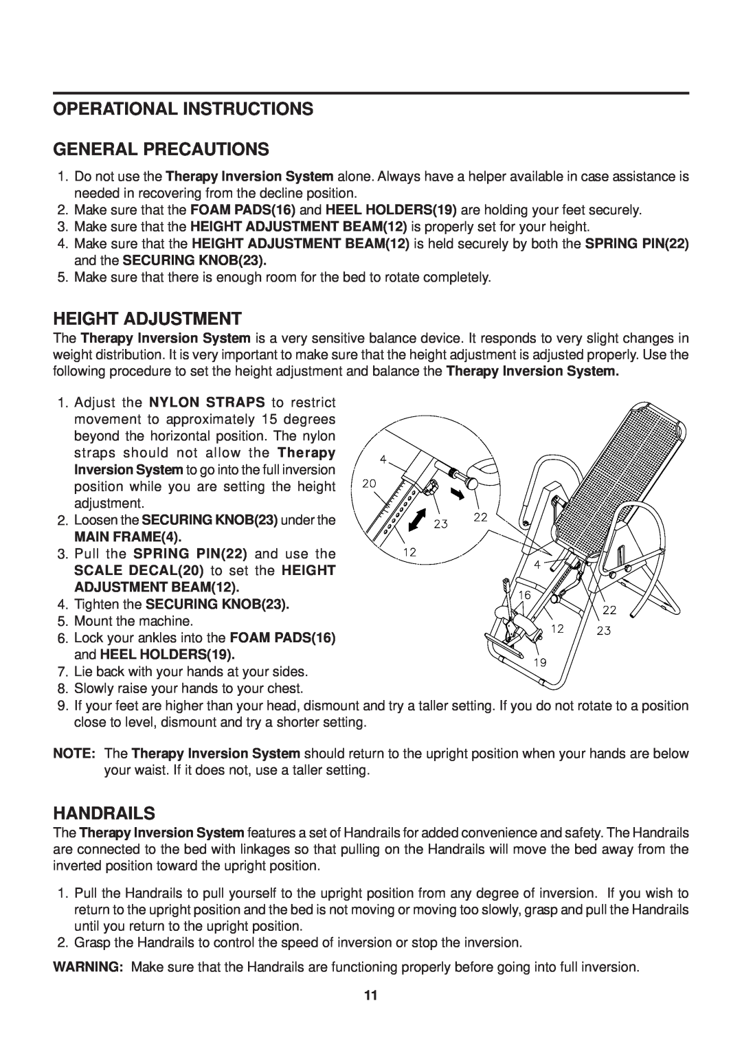 Stamina Products 55-1539A Operational Instructions General Precautions, Height Adjustment, Handrails, MAIN FRAME4 
