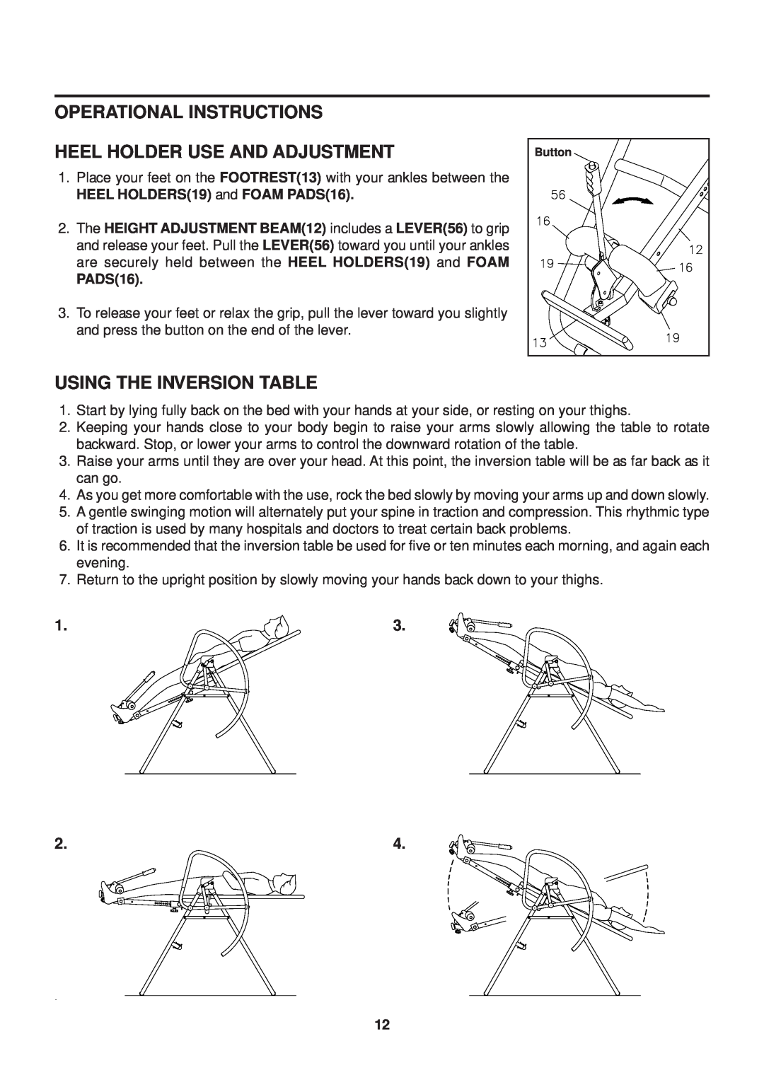 Stamina Products 55-1539A Operational Instructions Heel Holder Use And Adjustment, Using The Inversion Table, PADS16 