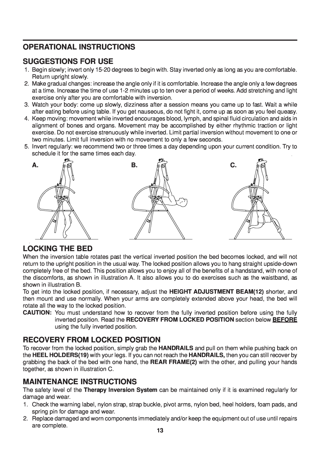 Stamina Products 55-1539A Operational Instructions Suggestions For Use, Locking The Bed, Recovery From Locked Position 