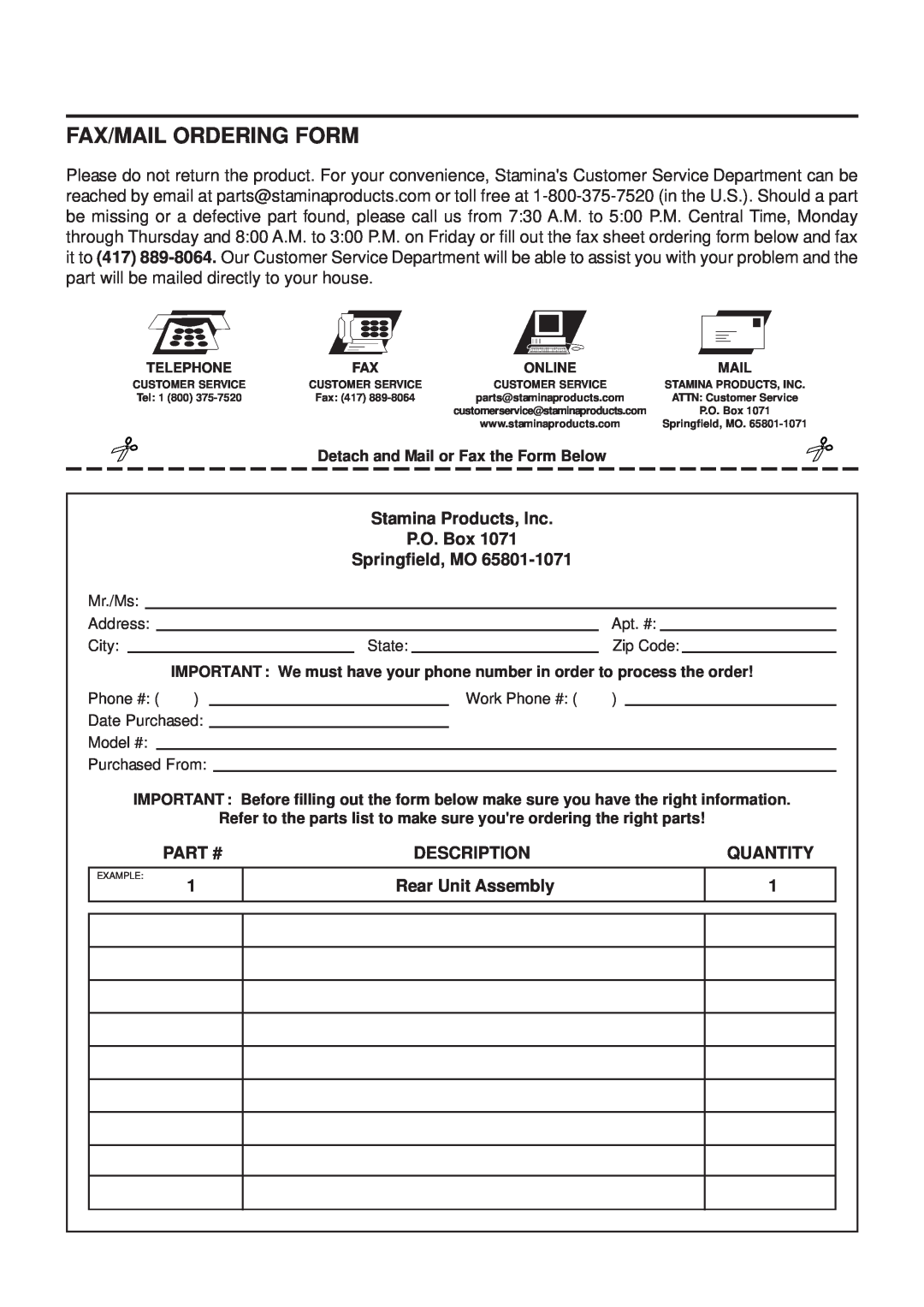 Stamina Products 55-1539A owner manual Fax/Mail Ordering Form, Stamina Products, Inc P.O. Box Springfield, MO, Description 