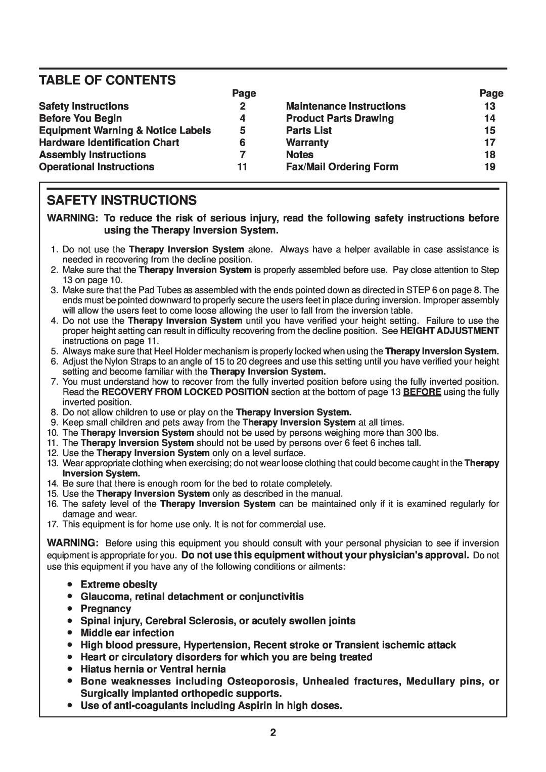 Stamina Products 55-1539A owner manual Table Of Contents, Safety Instructions, Inversion System 
