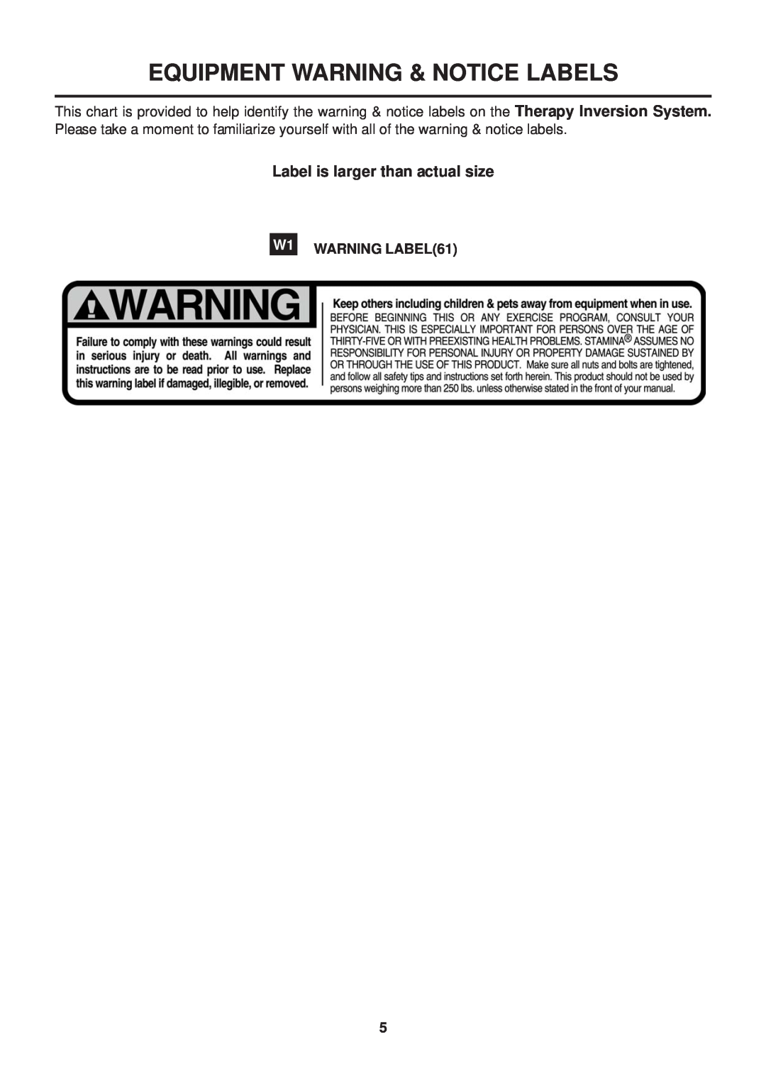 Stamina Products 55-1539A owner manual Equipment Warning & Notice Labels, Label is larger than actual size 
