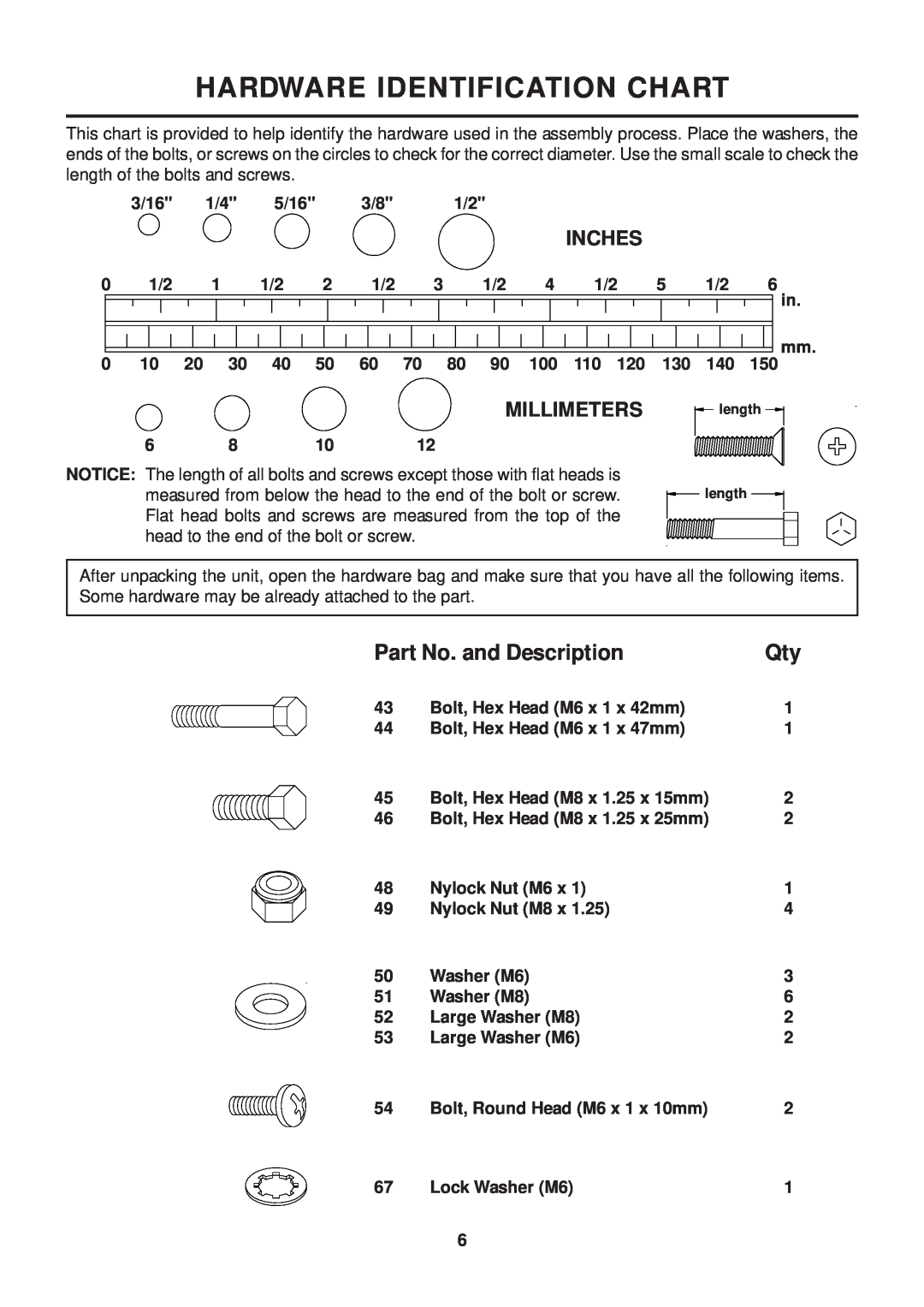 Stamina Products 55-1539A owner manual Hardware Identification Chart, Part No. and Description, Inches, Millimeters 