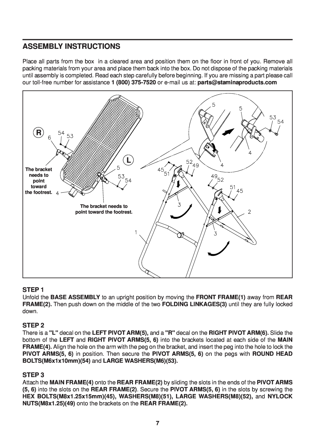 Stamina Products 55-1539A owner manual Assembly Instructions, The bracket needs to, point toward the footrest 