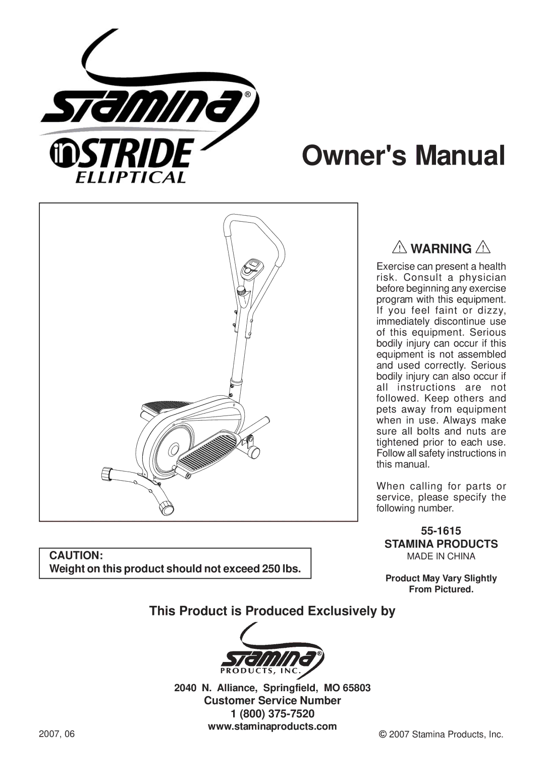 Stamina Products 55-1615 owner manual This Product is Produced Exclusively by 