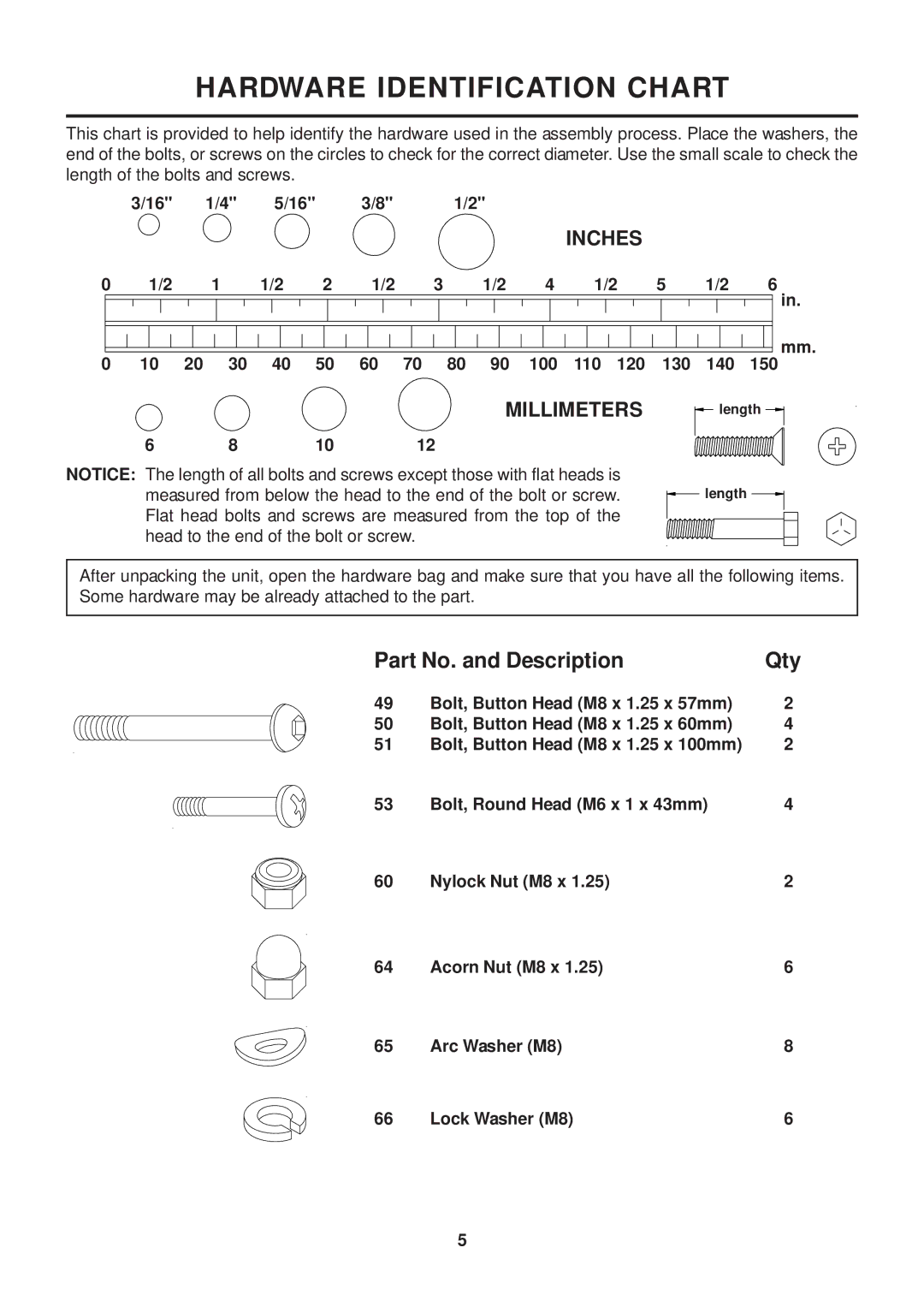 Stamina Products 55-1615 owner manual Hardware Identification Chart 