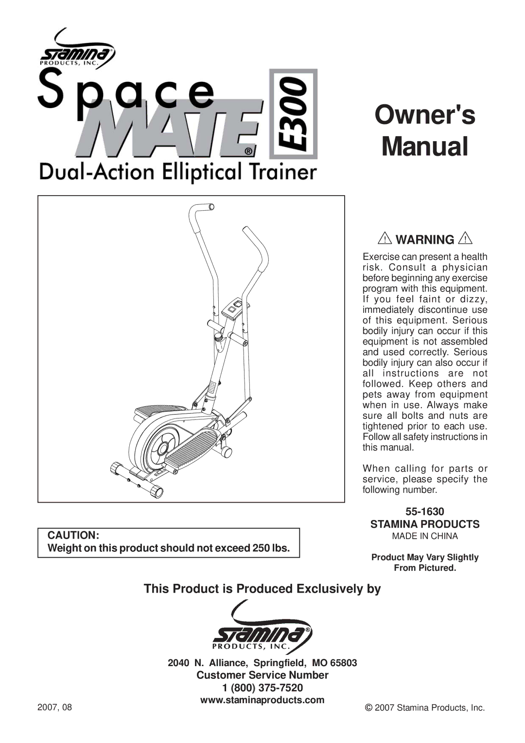 Stamina Products 55-1630 owner manual Owners Manual 