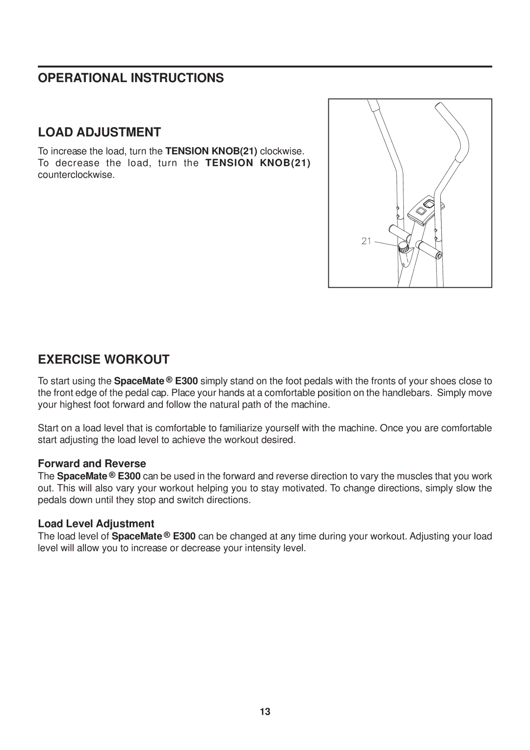 Stamina Products 55-1630 owner manual Operational Instructions Load Adjustment, Exercise Workout 