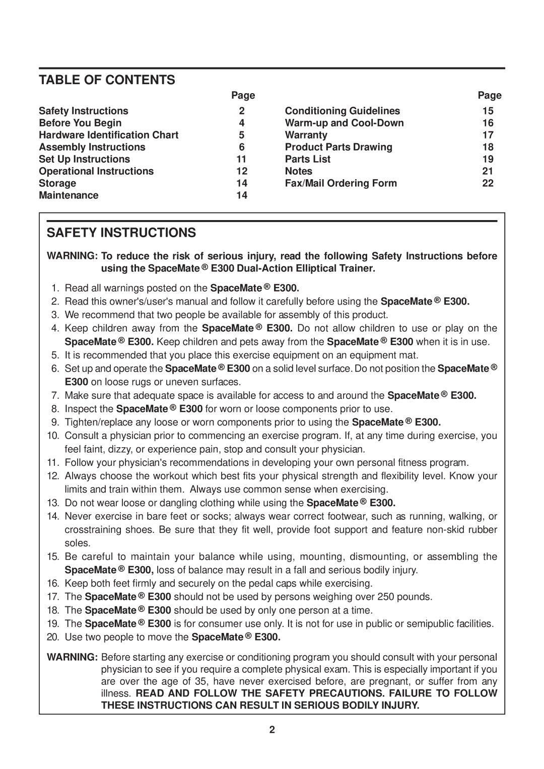 Stamina Products 55-1630 owner manual Table of Contents, Safety Instructions 