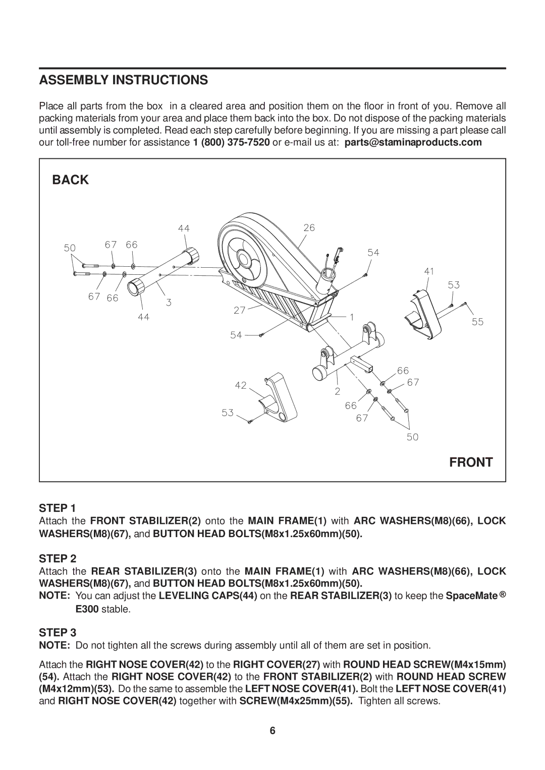 Stamina Products 55-1630 owner manual Assembly Instructions, Back 