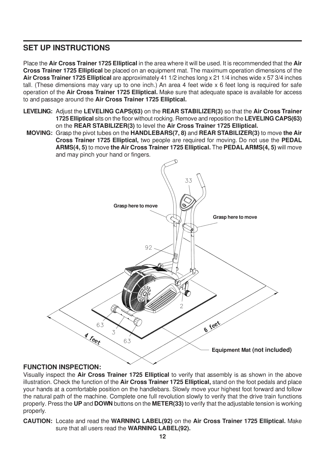 Stamina Products 55-1725 owner manual SET UP Instructions, Function Inspection 