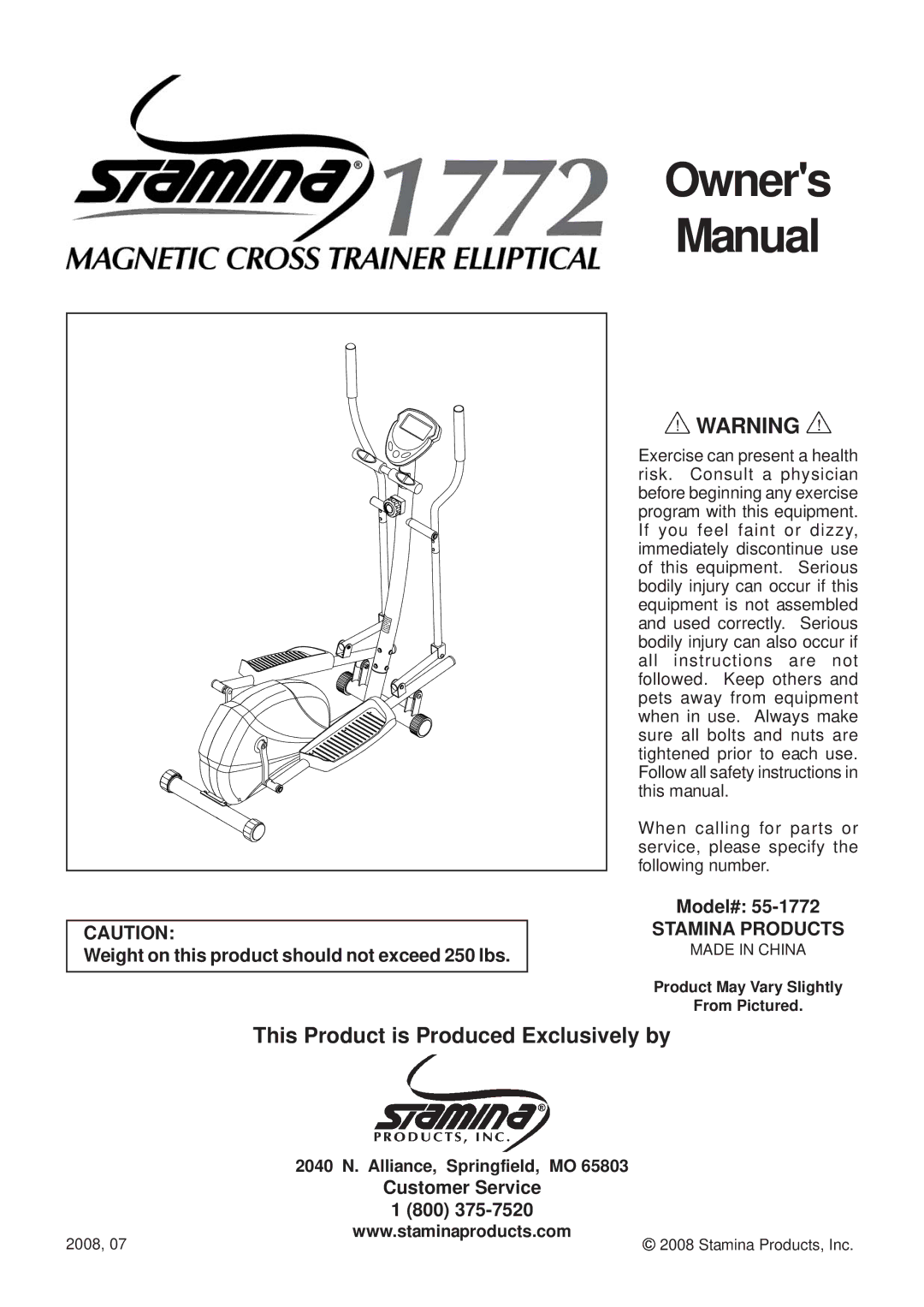 Stamina Products 55-1772 owner manual This Product is Produced Exclusively by, Stamina Products 