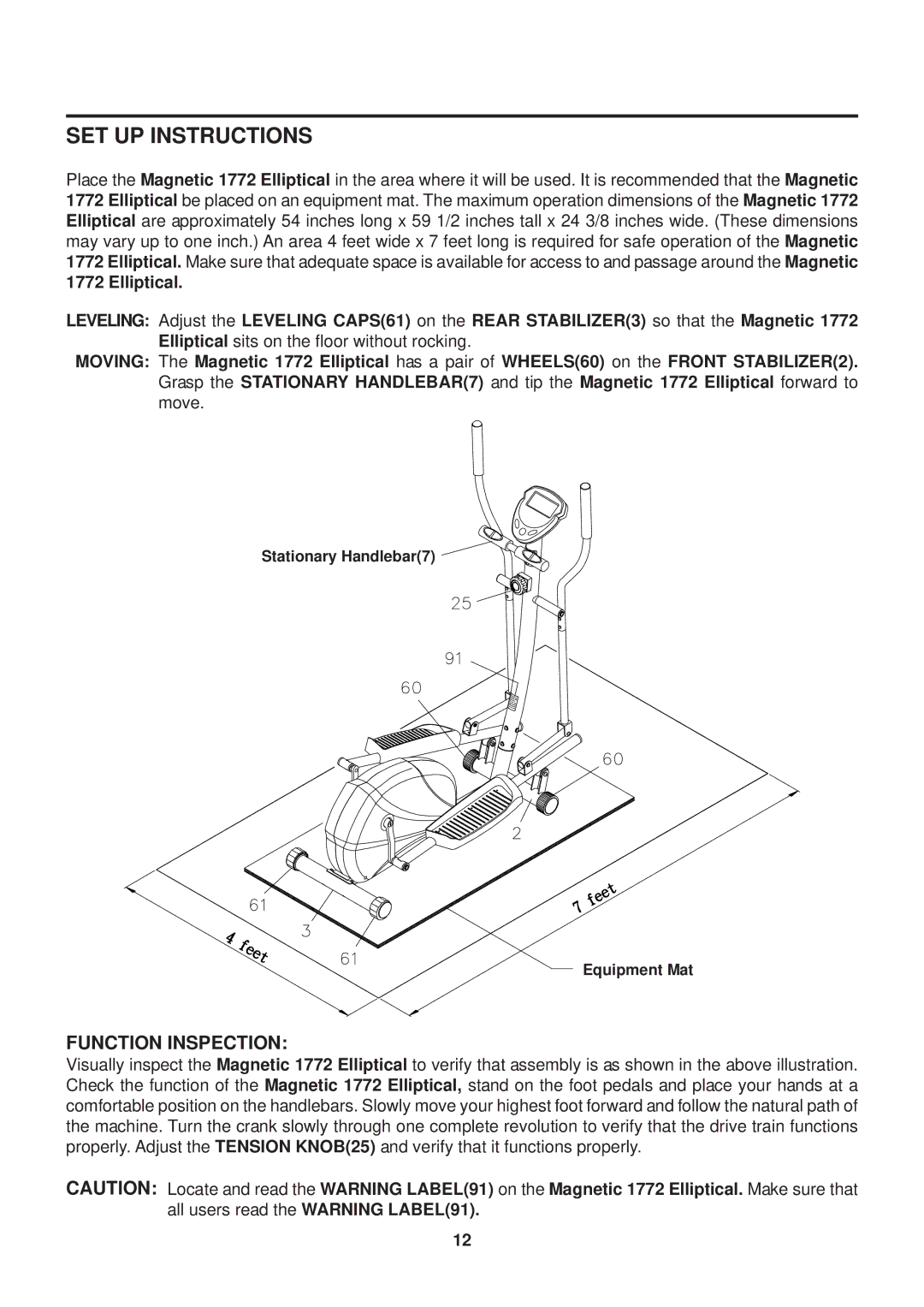 Stamina Products 55-1772 owner manual SET UP Instructions, Function Inspection 