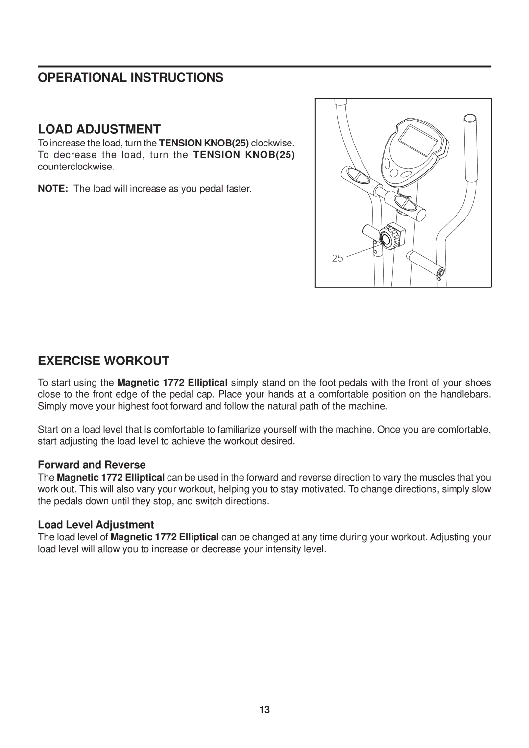 Stamina Products 55-1772 owner manual Operational Instructions Load Adjustment, Exercise Workout 