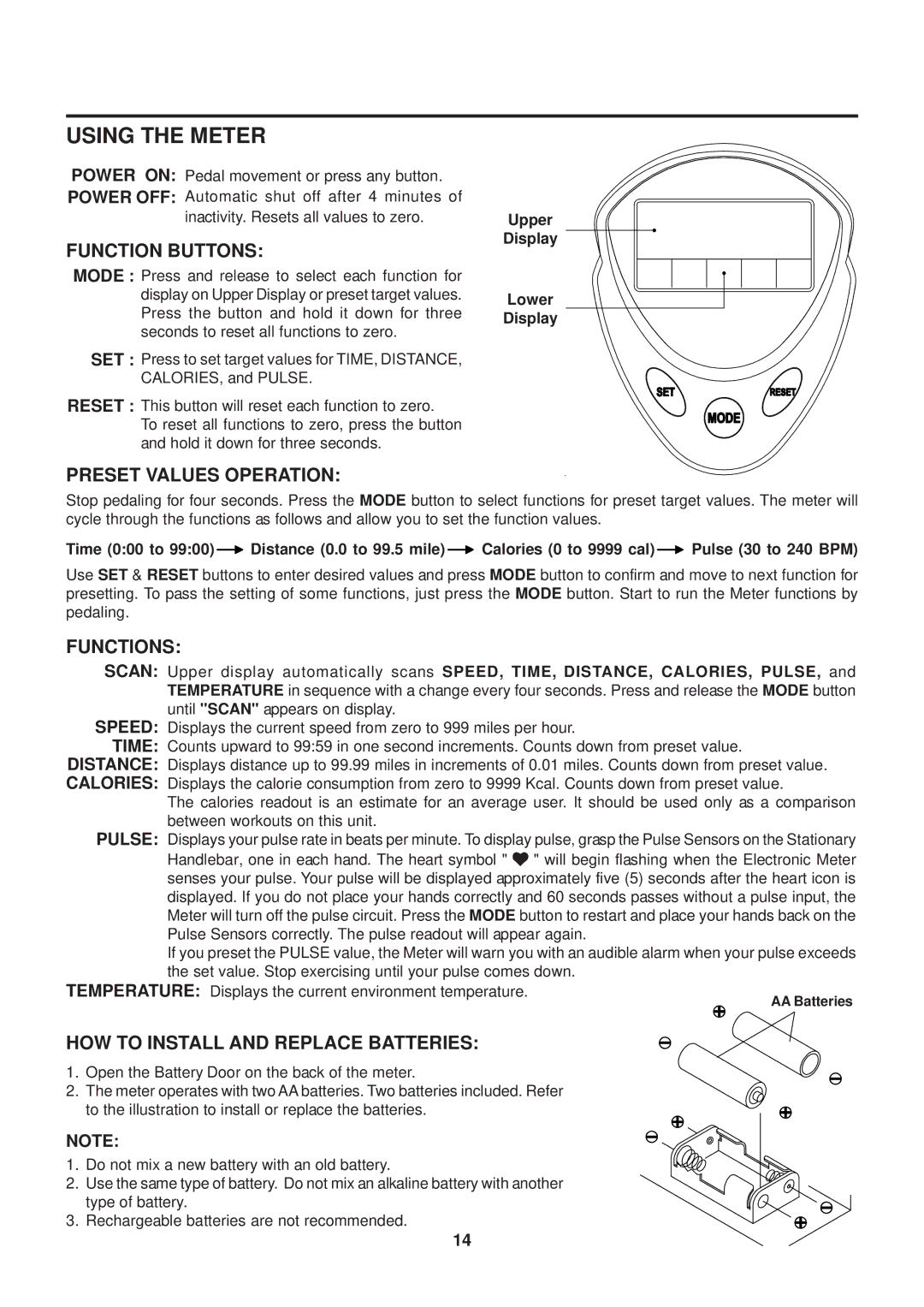 Stamina Products 55-1772 owner manual Using the Meter, Function Buttons, Preset Values Operation, Functions 