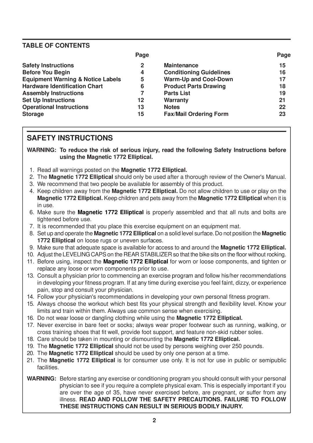 Stamina Products 55-1772 owner manual Safety Instructions, Table of Contents 