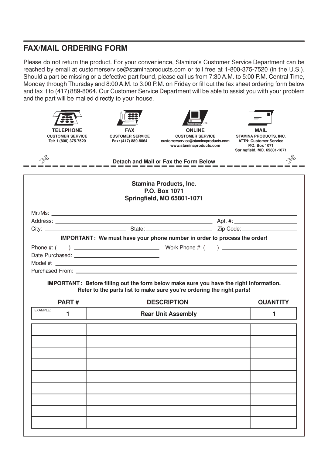 Stamina Products 55-1772 owner manual FAX/MAIL Ordering Form, Stamina Products, Inc Box Springfield, MO, Rear Unit Assembly 