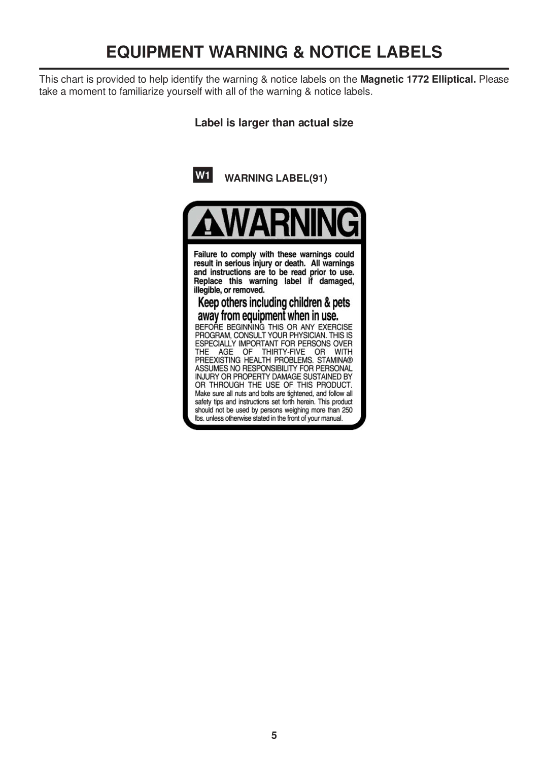 Stamina Products 55-1772 owner manual Equipment Warning & Notice Labels 