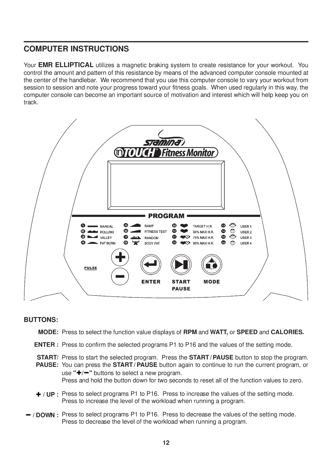 Stamina Products 55-1777 owner manual Computer Instructions, Buttons 