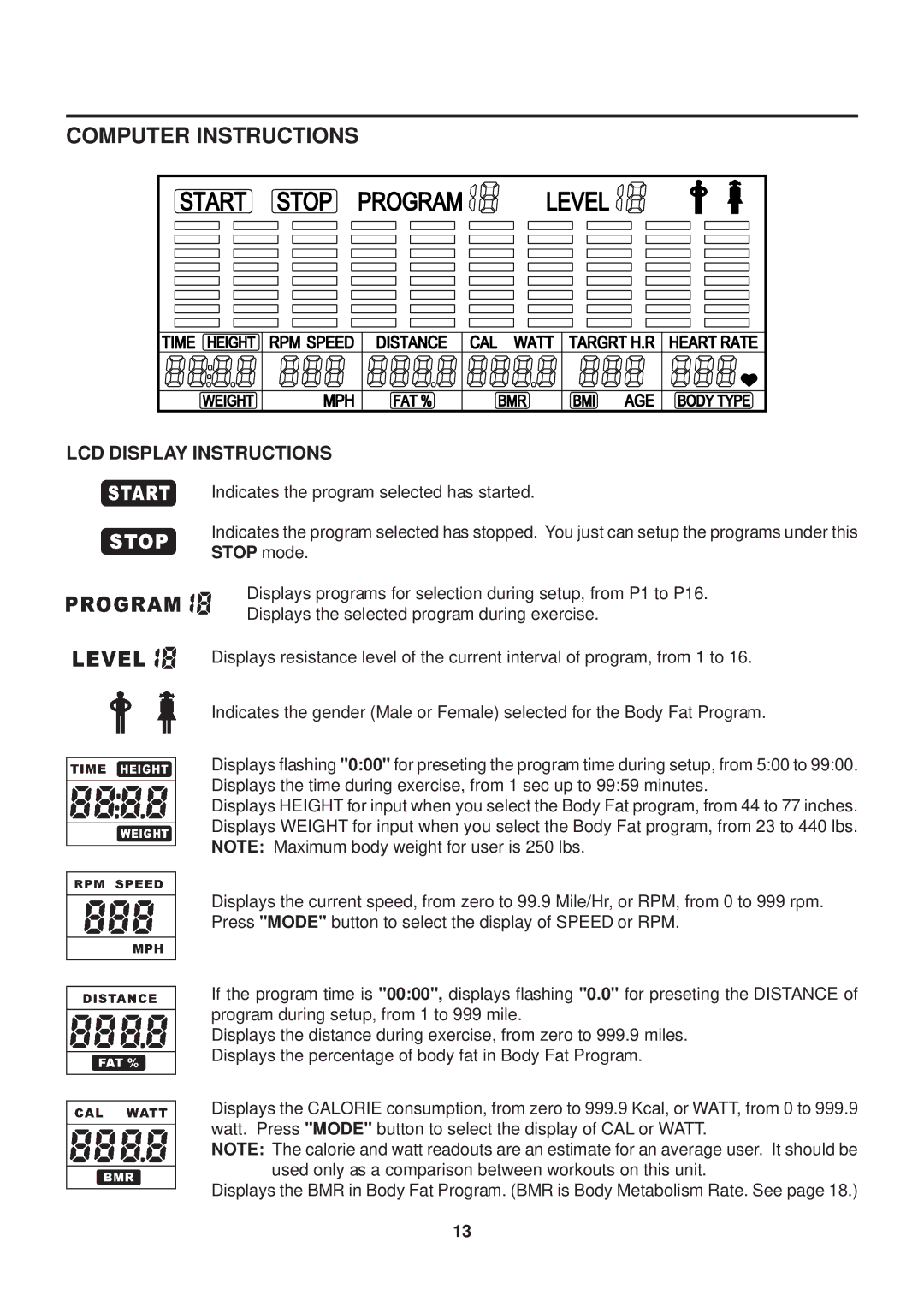 Stamina Products 55-1777 owner manual LCD Display Instructions 