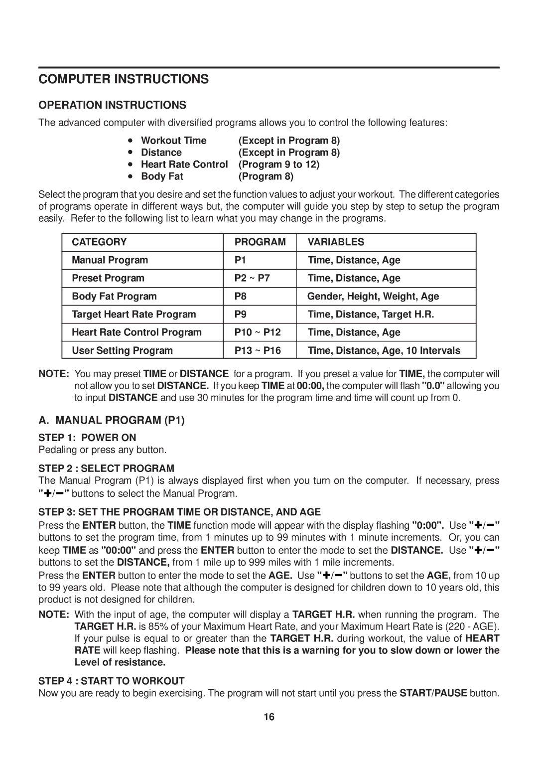 Stamina Products 55-1777 owner manual Operation Instructions, Manual Program P1 