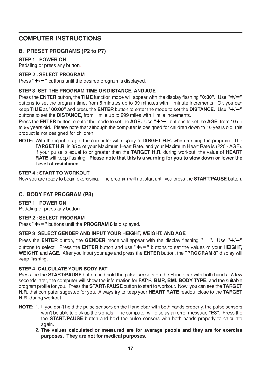 Stamina Products 55-1777 owner manual Preset Programs P2 to P7, Body FAT Program P8 