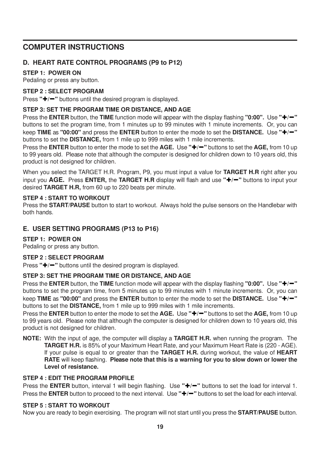 Stamina Products 55-1777 owner manual Heart Rate Control Programs P9 to P12 