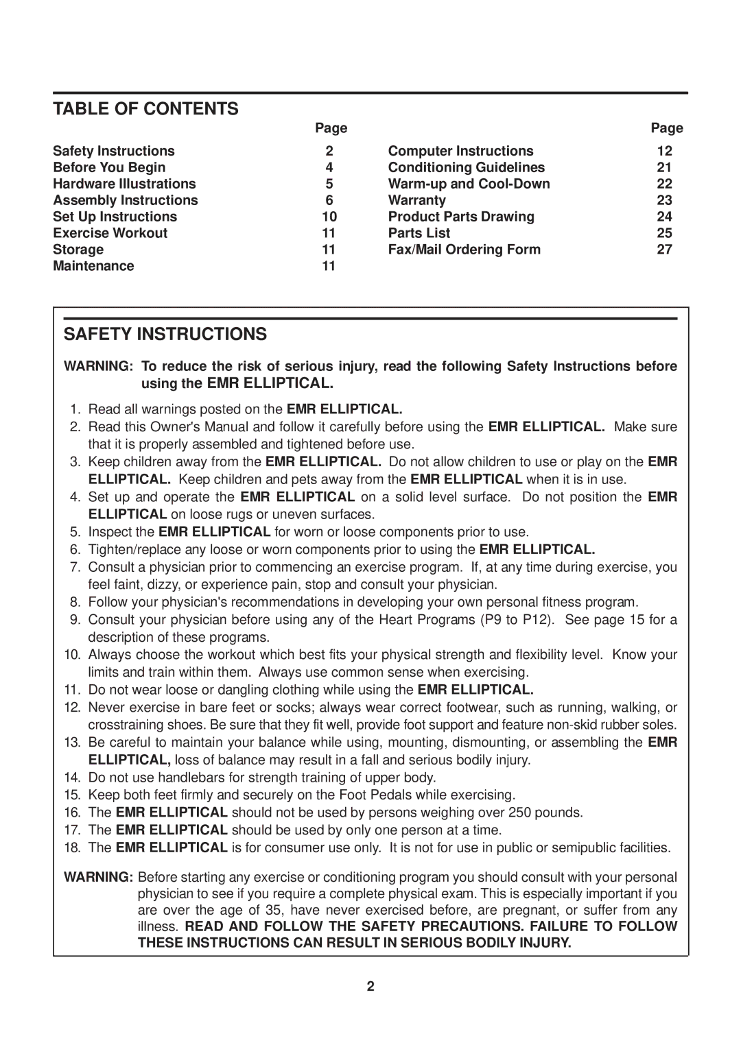 Stamina Products 55-1777 owner manual Table of Contents, Safety Instructions 