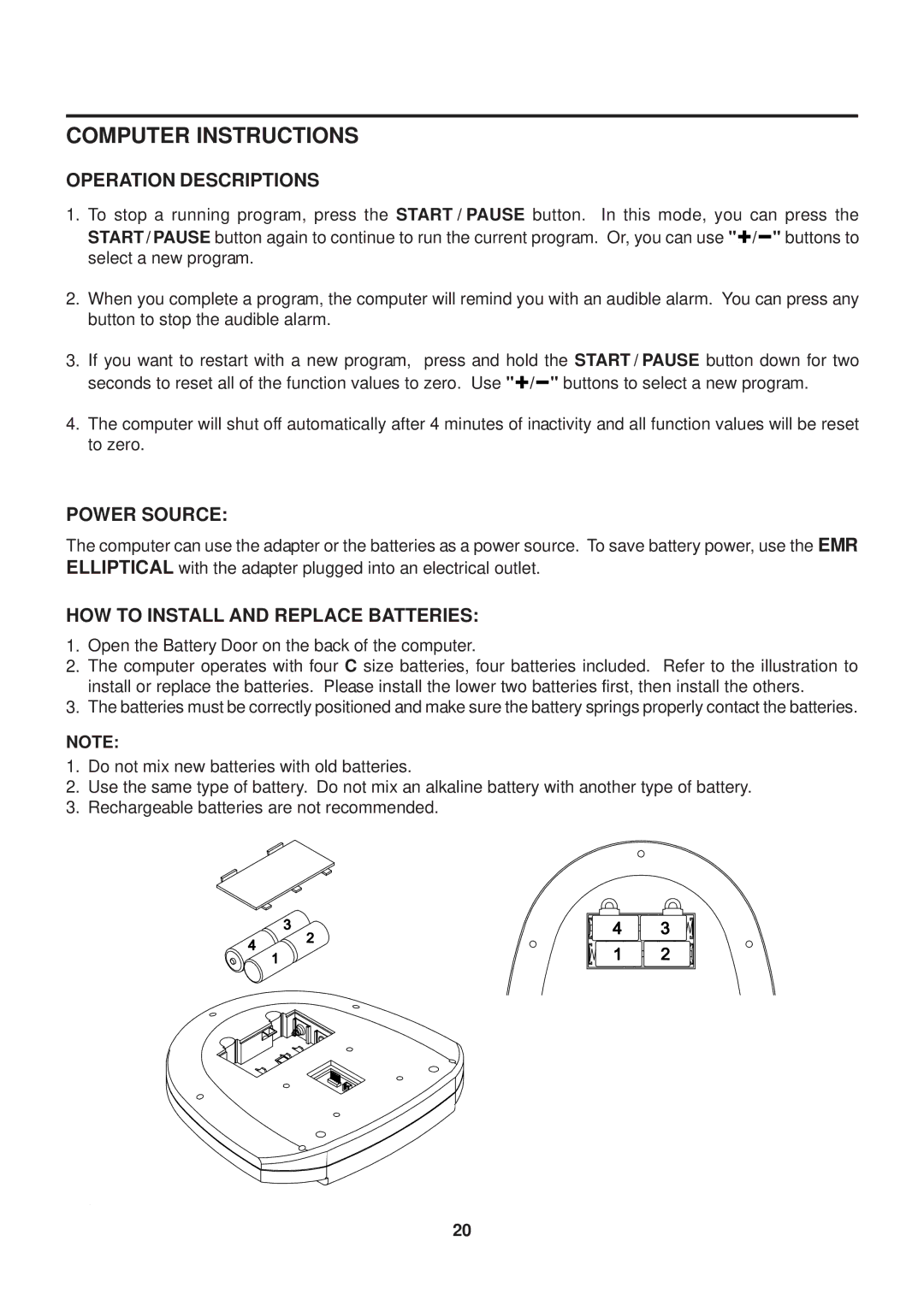 Stamina Products 55-1777 owner manual Operation Descriptions, Power Source, HOW to Install and Replace Batteries 