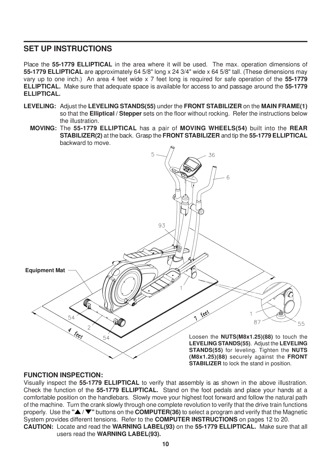 Stamina Products 55-1779 owner manual SET UP Instructions, Function Inspection 