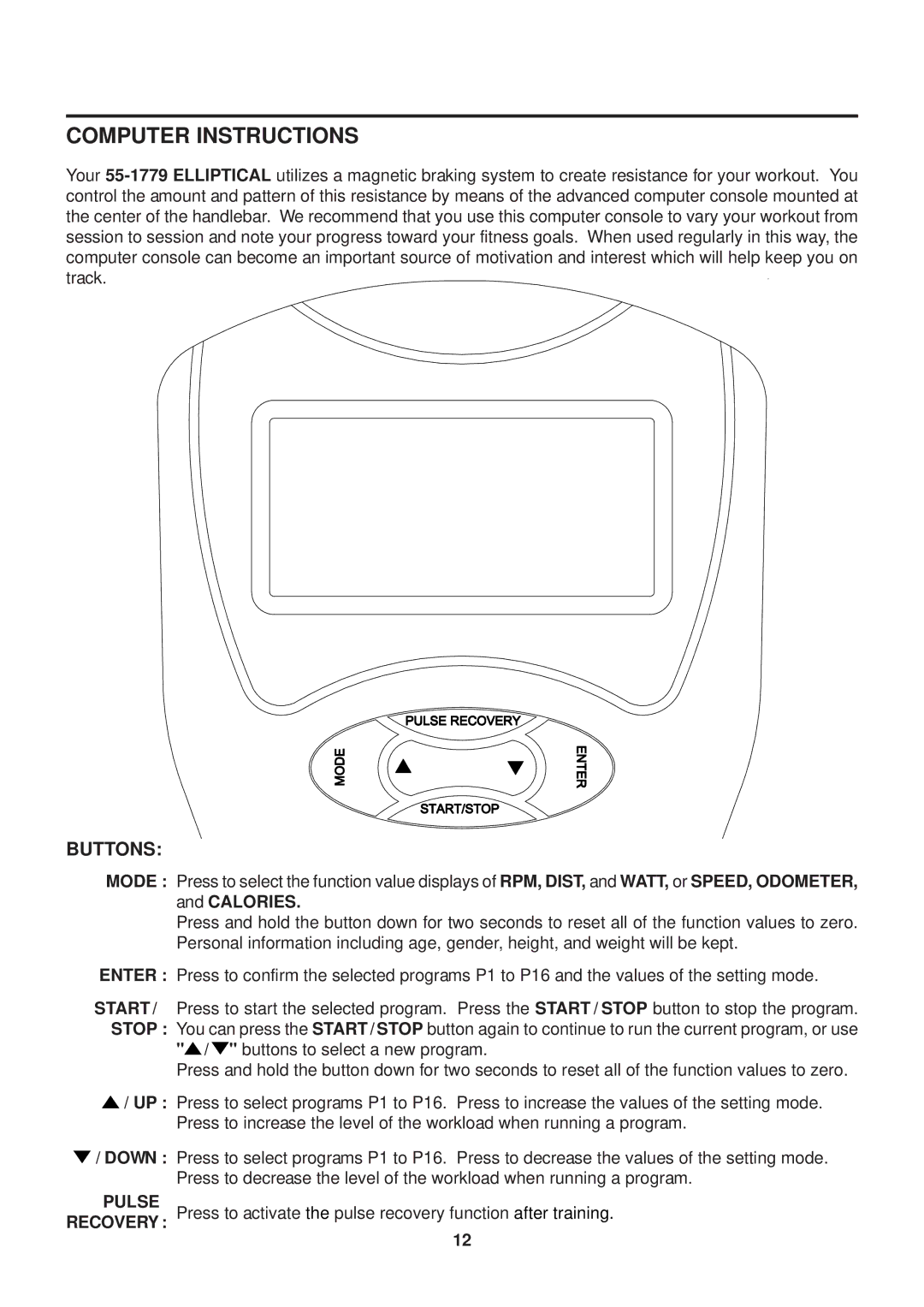 Stamina Products 55-1779 owner manual Computer Instructions, Buttons, Mode Enter Start Stop, Down 