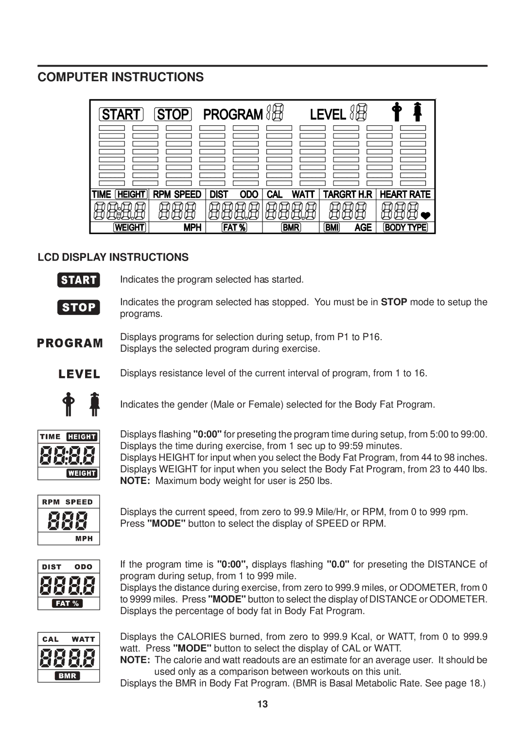 Stamina Products 55-1779 owner manual LCD Display Instructions 