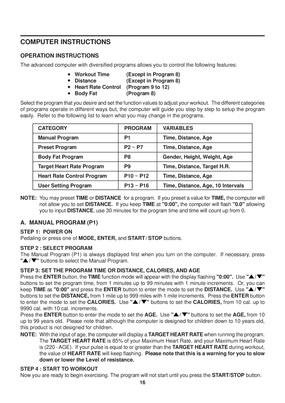 Stamina Products 55-1779 owner manual Operation Instructions, Manual Program P1 