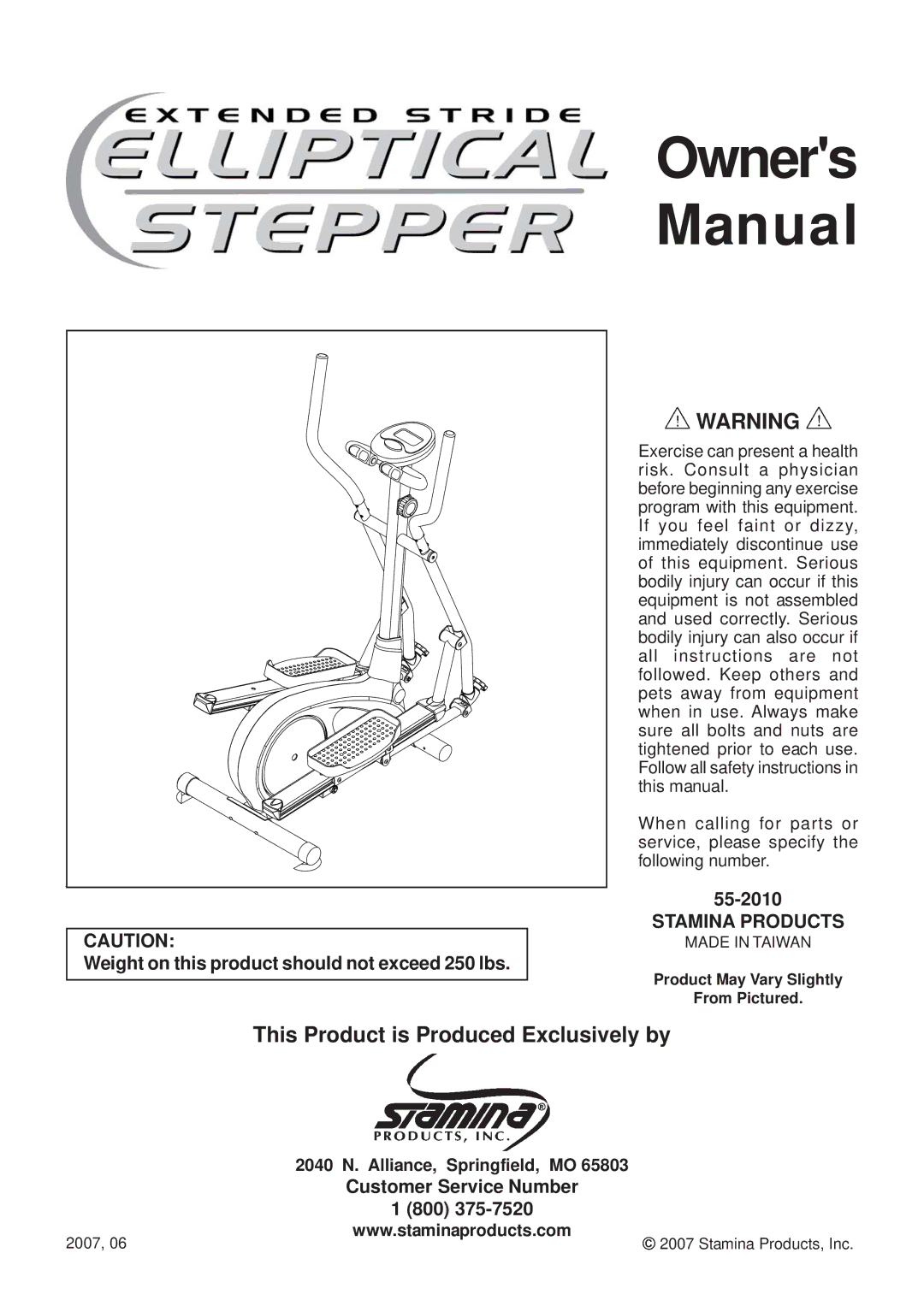 Stamina Products 55-2010 owner manual Weight on this product should not exceed 250 lbs, Stamina Products 