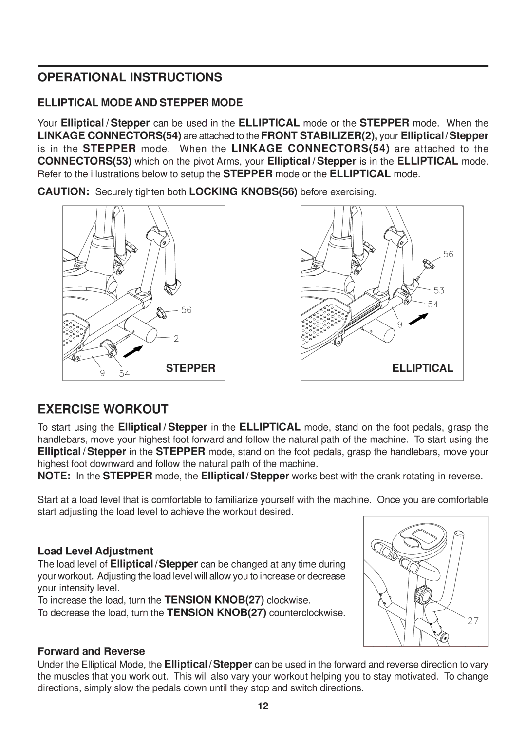 Stamina Products 55-2010 Operational Instructions, Exercise Workout, Elliptical Mode and Stepper Mode, Forward and Reverse 