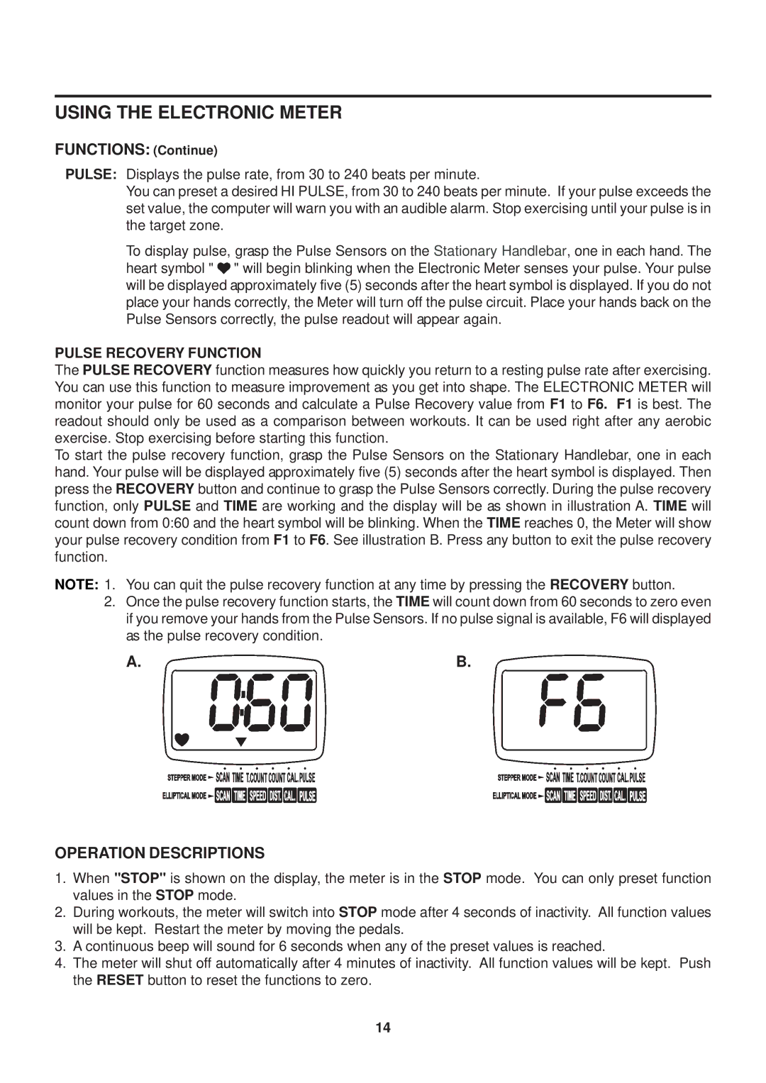 Stamina Products 55-2010 owner manual Functions Continue, Operation Descriptions 