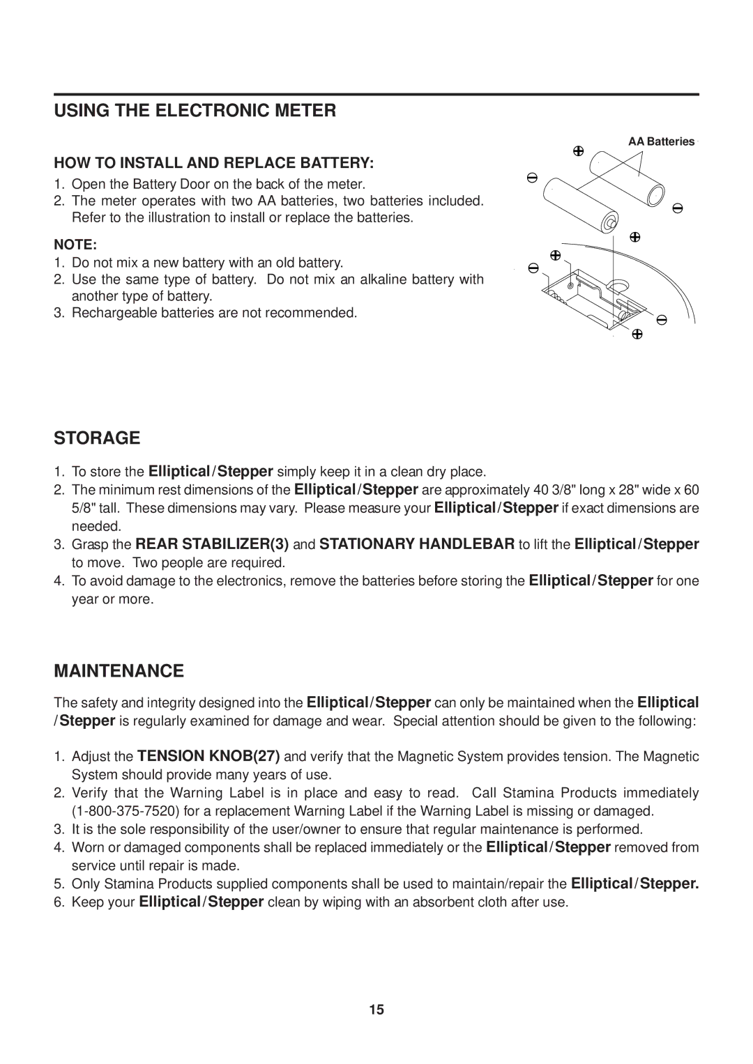 Stamina Products 55-2010 owner manual Storage, Maintenance, HOW to Install and Replace Battery 