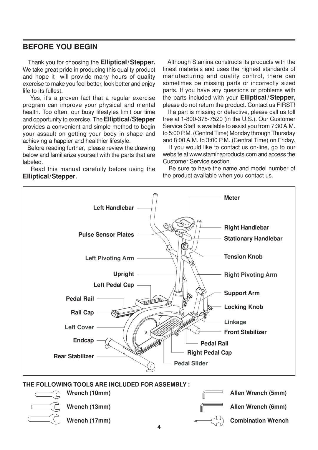 Stamina Products 55-2010 owner manual Before YOU Begin, Elliptical/Stepper 