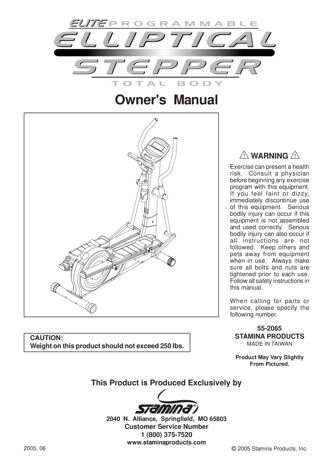 Stamina Products 55-2065 owner manual Weight on this product should not exceed 250 lbs, Stamina Products 