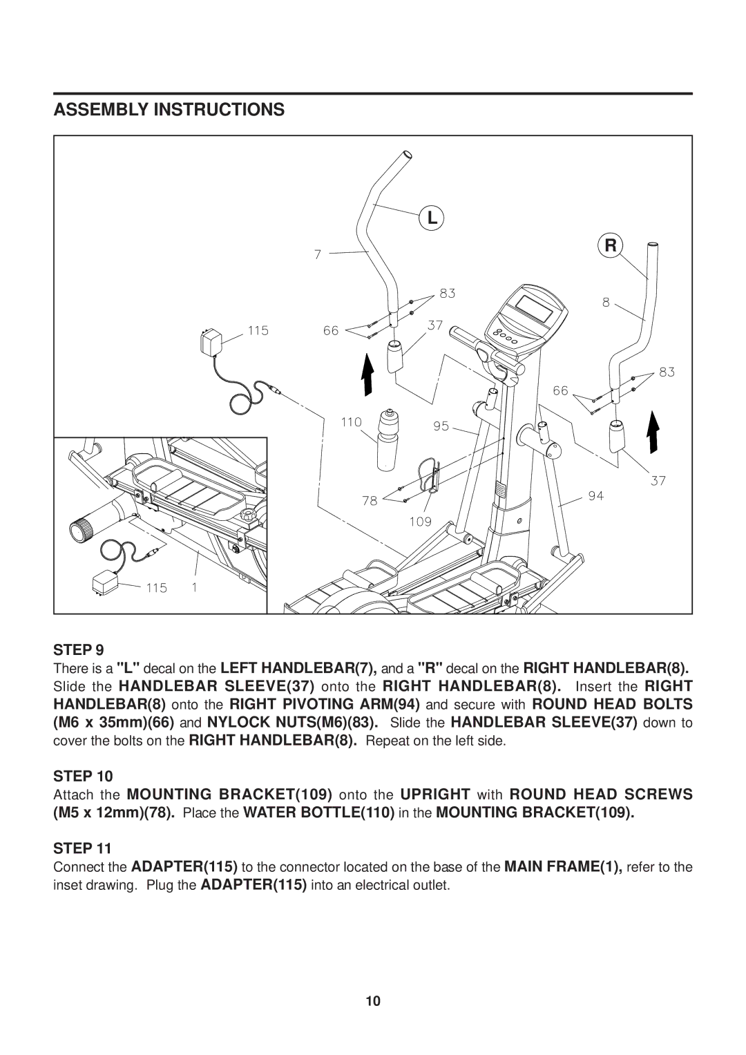 Stamina Products 55-2065 owner manual Upright with Round Head Screws in the Mounting BRACKET109 